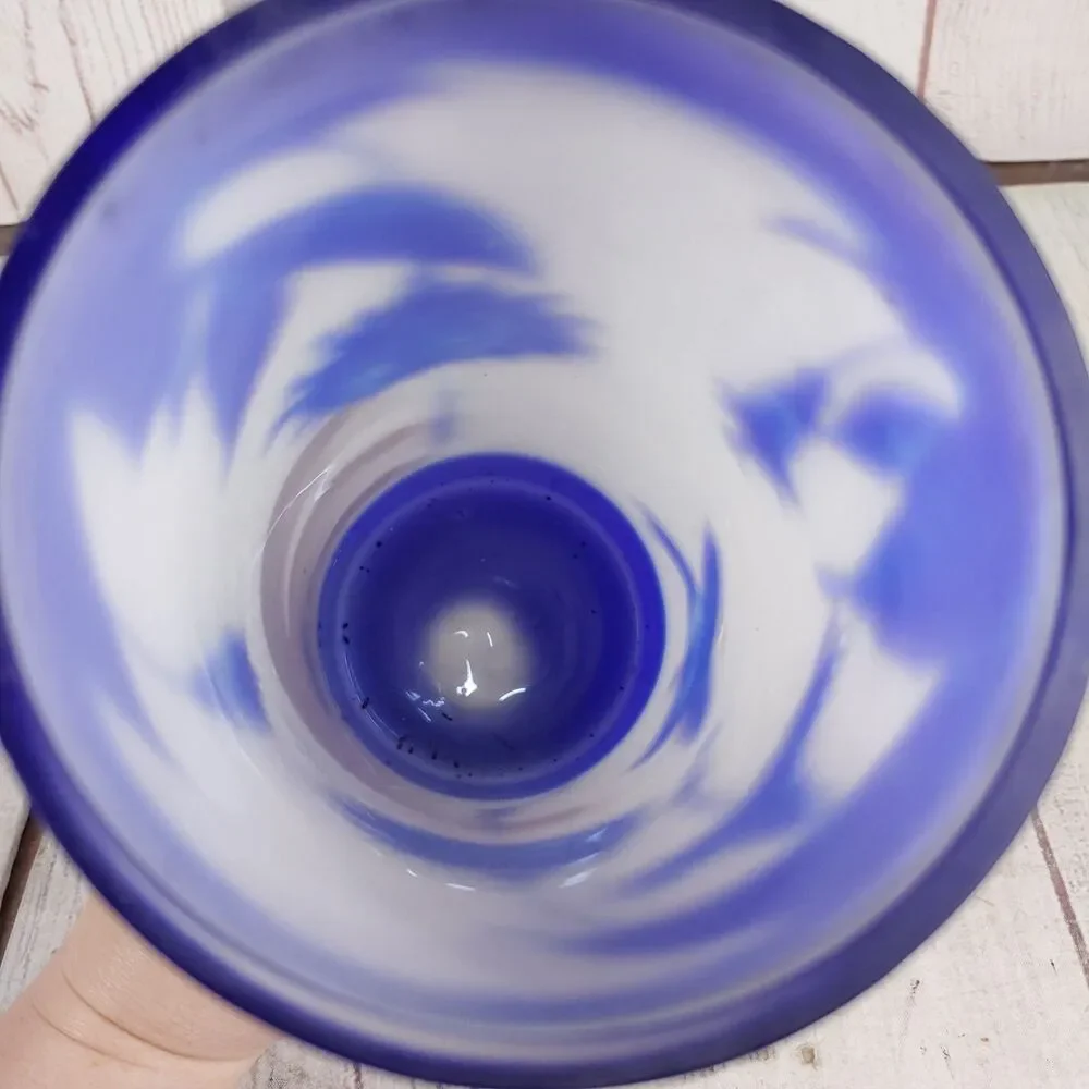 Vintage Emile Galle Cameo Glass Vase Signed REPRODUCTION Blue White Bird Flowers